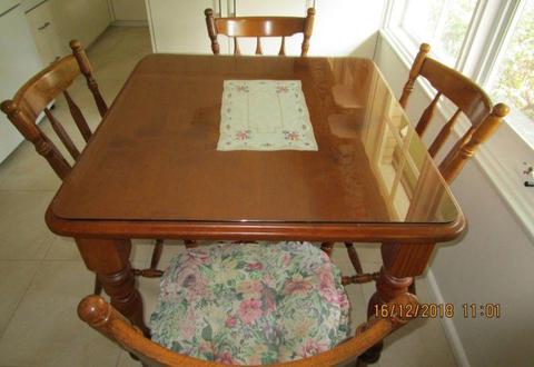 Square Pine Dining Table with Glass Top and Four Matching Chairs