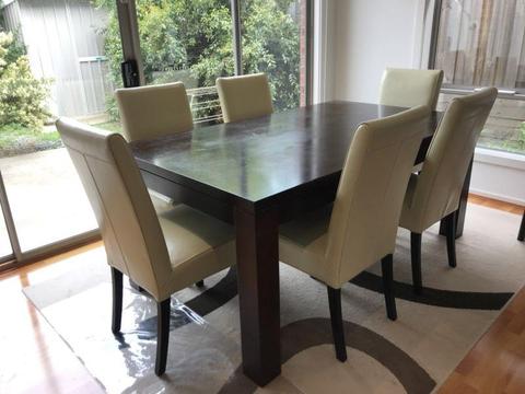 Solid wood dining table 6 leather chairs