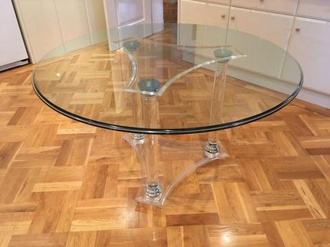 Italian Round glass & perspex Dining Table 128cm 1980s retro chrome
