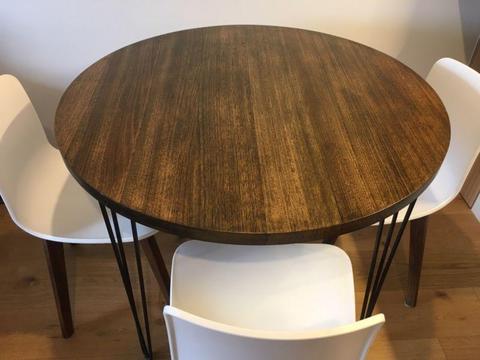 Tasmanian Oak round dining table charcoal dark industrial upcycled