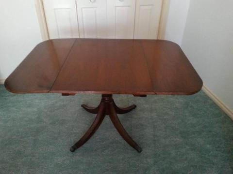 TABLE DINING, SOLID TIMBER, ANTIQUE DROP LEAF ON SWEPT LEGS