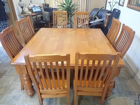 Square dining table and 8 chairs