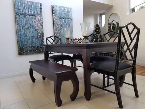 6 pax Dark Brown Mahogany Dining Table and matching 3 seat bench