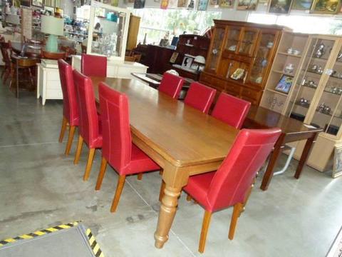 Messmate Timber Dining Table & 8 Leather Like Chairs