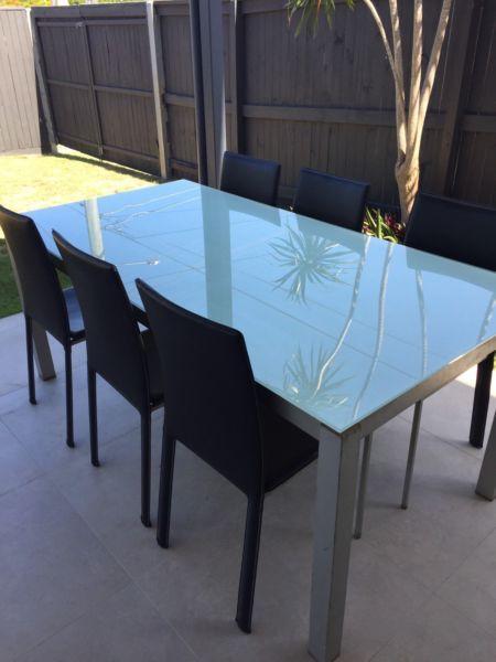 Glass table, 6 chairs & coffee table set