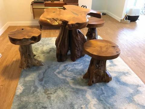 Unique Natural Tree Root Table and 3 Chairs