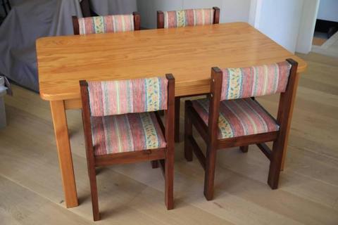 Solid Polished Pine Dining Table with Four Fabric Covered Chairs