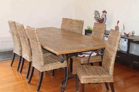 DINING TABLE (Timber & Wrought iron) and 8 x CANE CHAIRS