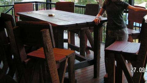 MAN-SIZE outdoor table & 8 chairs - Bar height, Spotted gum top