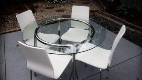 Round Glass Dining Table and 4 White Chairs