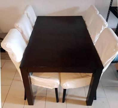 Dark Timber Dining Table and 6 PU Leather Chairs w/ Covers