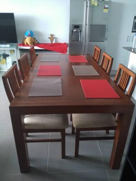 Timber dining table and 8 chairs