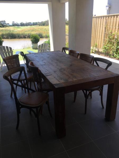 Recycled timber 10 seater dining table with 8 bistro style chairs