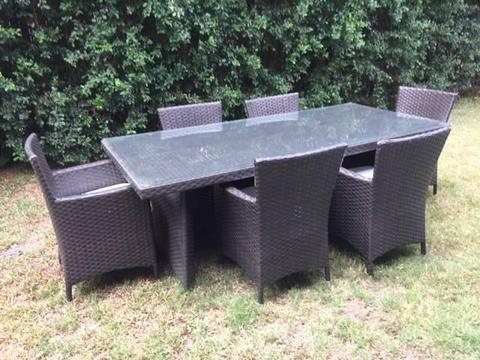 Outdoor Dining Set Table with 6 Chairs Brown Poly Rattan Wicker