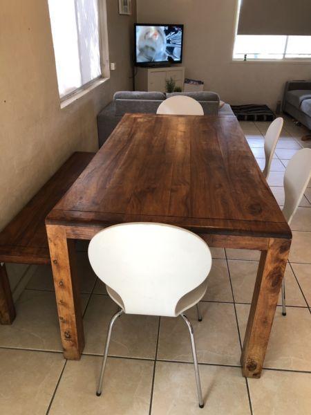 Solid wood/ timber table and bench seat with 4 chairs