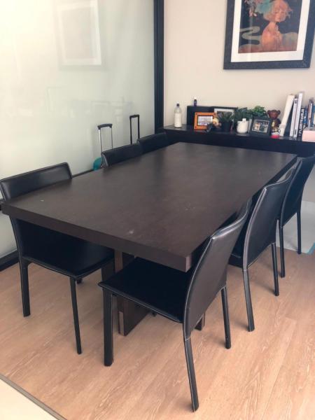 Dark Brown Solid Wood dining table with 6 leather chairs