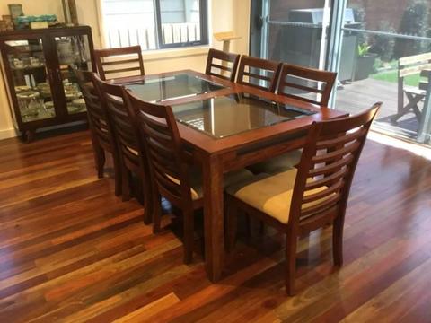 8 Seat Dinning Table and Chairs With Beveled Glass Inserts