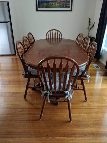 Solid timber wooden dining table and chairs