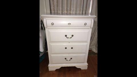 Quality American made white timber tallboy/dresser/drawers