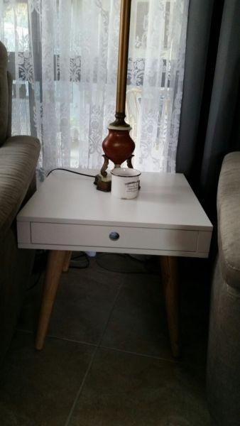Lamp table - white with wooden legs and single drawer for storage