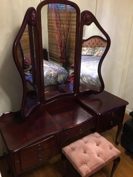 Hardwood dressing table with drawers and ottoman