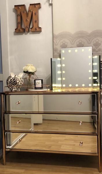 Mirrored Low Chest Dresser Copper Metal Frame