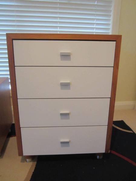 Cherry stained timber 4 drawers tall boy with white drawers