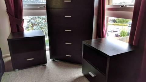 Thick timber bed side tables & tallboy dresser chest draws