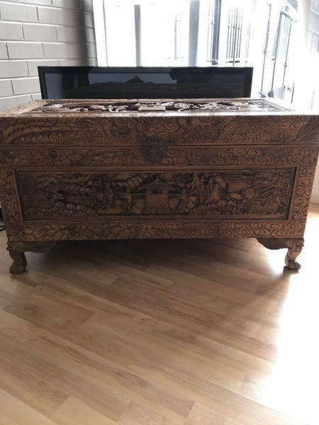 Large carved camphor wood chest