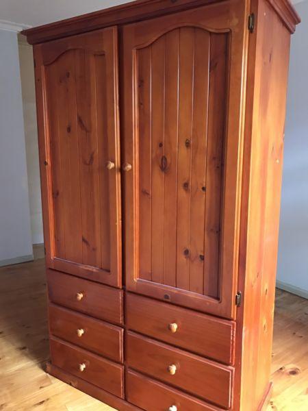 Large Pine wardrobe with hanging space & 6 drawers