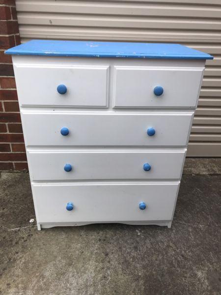 Solid blue and white tallboy in good condition $170 H105cm W87cm D46cm