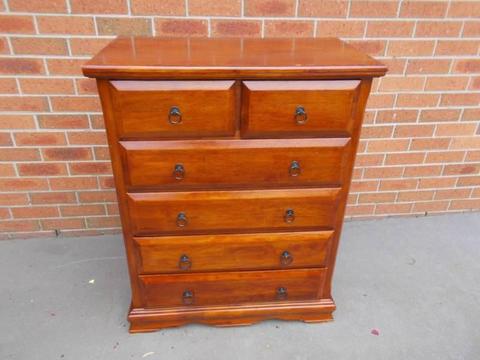 Timber Tallboy Chest of Drawers 6 Drawers on runners