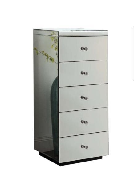 New Mirrored Slim Tallboy With 5 Drawers