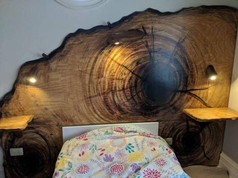 Artistic wooden bedhead with built in lights