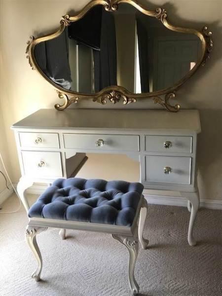 French Provincial Antique White Dressing Table and stool