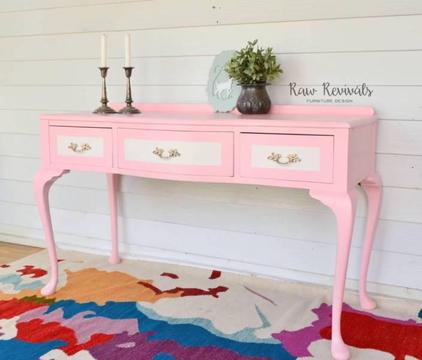 Vintage Pastel Pink Queen Anne Dresser with White Accents
