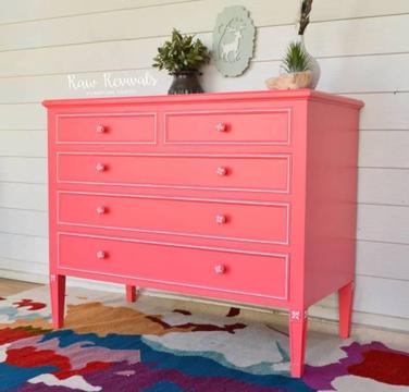 Vintage Vibrant Coral Bedroom Dresser with White Accents