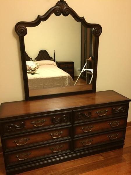 Bed, bedhead, side tables and dresser