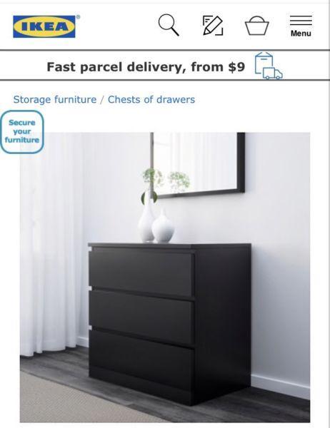 MALM Chest of 3 Drawers - Black/Brown