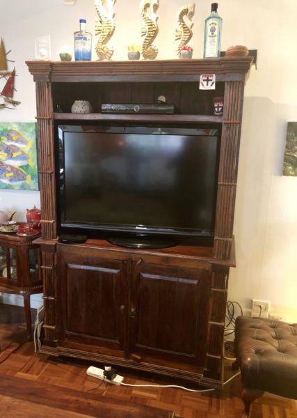 Timber TV cabinet with wine rack