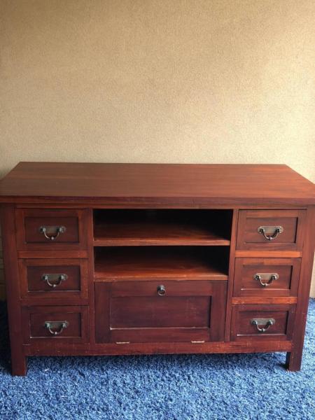 TV UNIT WITH 6 DRAWERS, 2 SHELVES AND DROP FRONT CUPBOARD