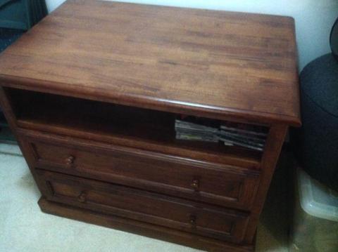 Wood cabinet with two drawers, on casters