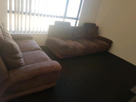 Brown 2 & 3 seater couch/ glass tv cabniet