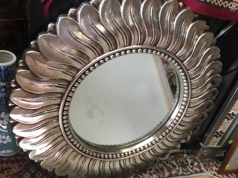 Wall Mirror-Round solid wood, silver framed, sun shaped, in vgc