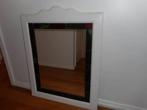 White timber framed wall mirror with lead light glass