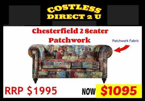 NEW Chesterfield 2 Seater SOFA in Patchwork Fabric RRP $1995