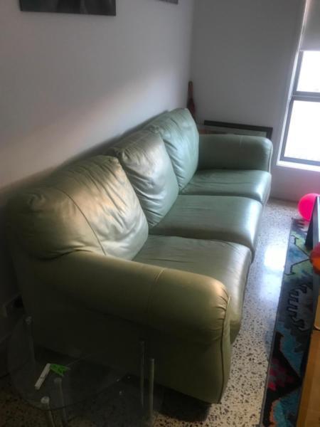 Green leather 3 seater lounge
