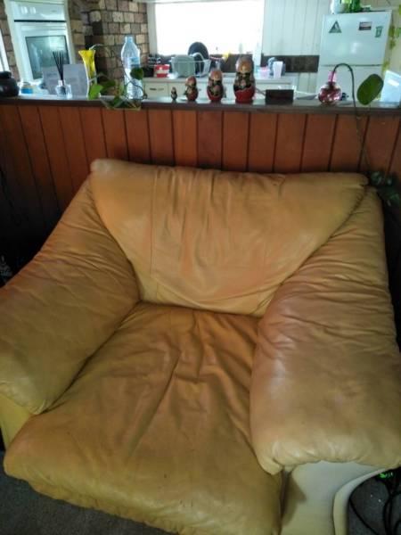 Yellow leather 3 seated couch 2 armchairs