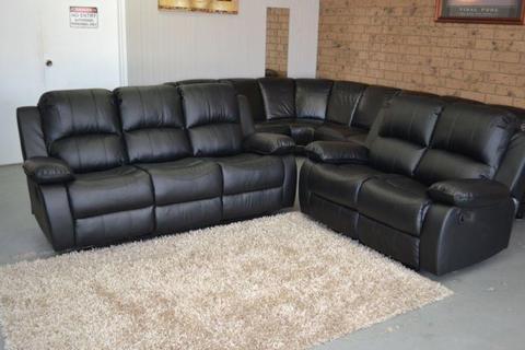 *Brand New* Black Genuine Leather Recliner Lounge Suite
