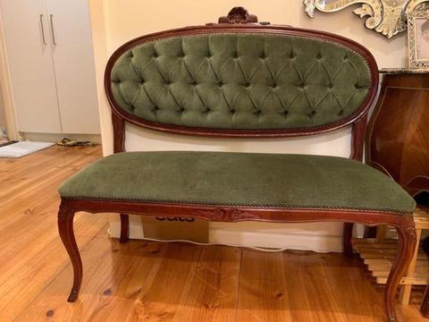 Vintage c1970 Mahogany Green Velvet Couch